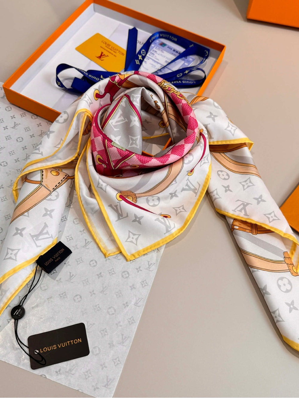 Louis Vuitton White Silk Scarf with Pink and Yellow Trim